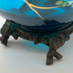 Old Baccarat Blue Glass Vase Enamelled with Plant and an Insect on Bronze Bas