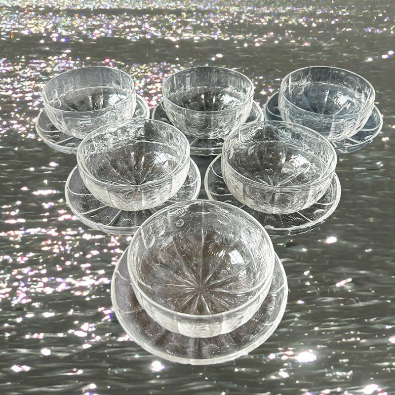 Stevens & Williams Rock Crystal Style Intaglio Cut Glass Bowls and Stands