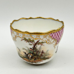 Meissen Porcelain Cup and Saucer Hand Painted with Hunting Scene