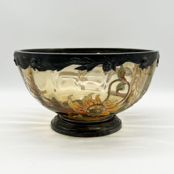 Emile Galle Glass Bowl with Mounted Base and Top, Enameled and Cabochon with Dahlia