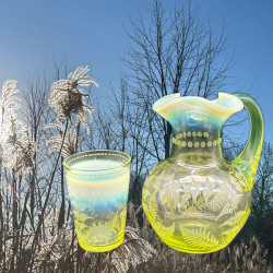 Vaseline Uranium Glass Jug and Tumbler with leaf pattern