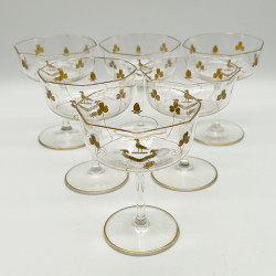 Moser Karlsbad Set of Six Champagne Glasses Gold Gilded with Clovers