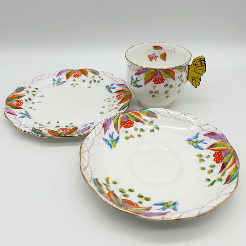 Royal Albert Porcelain Butterfly Handled Trio Decorated with