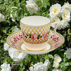 Crown Derby Porcelain Coffee Cup and Saucer Hand painted Rose Garland