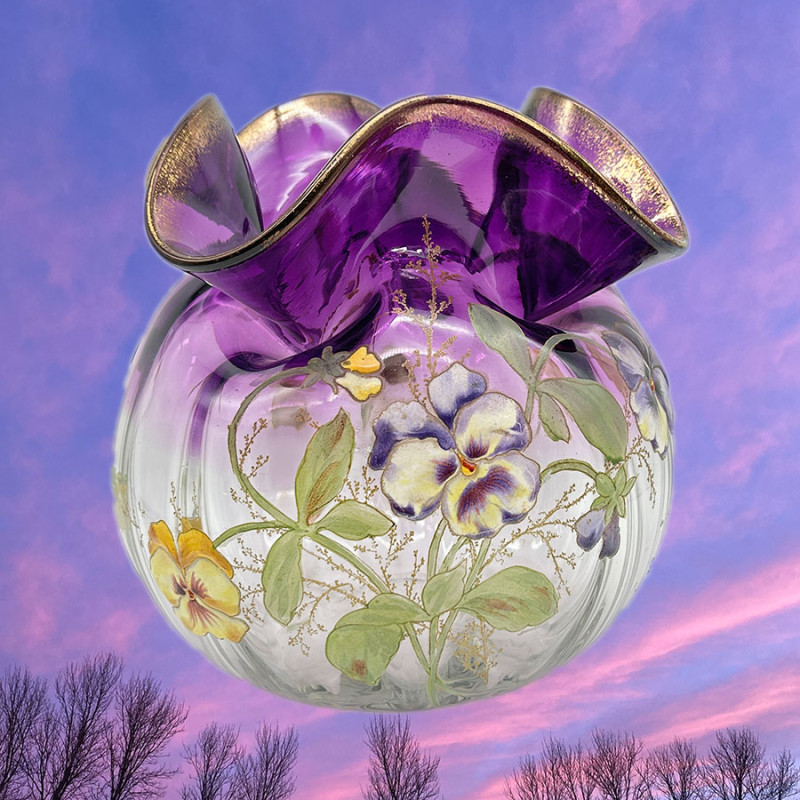 Legras Mont Joye Enamelled Glass Vase Decorated with Pansies