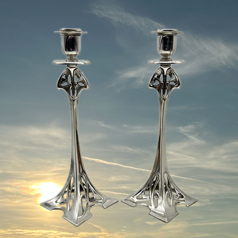A  Pair WMF Art Nouveau Pewter and Silver  Plated Candle Sticks