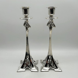 A  Pair WMF Art Nouveau Pewter and Silver  Plated Candle Sticks
