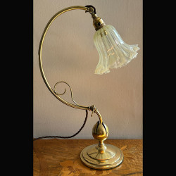 Arts and Crafts Brass Table Lamp with Vaseline Strip Shade