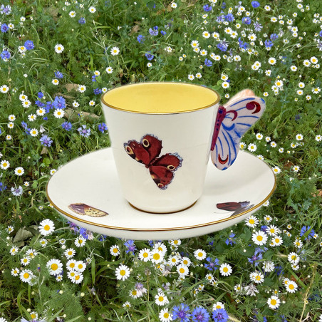 Wedgwood Porcelain Butterfly Handled Cup and Sauce Decorated with Butterflies