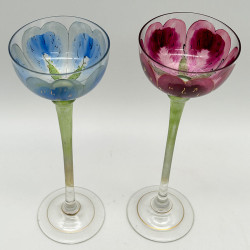 A Pair Fritz Hecker Enameled Flower Form Liqueur Glasses
