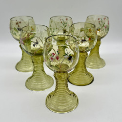 Fritz Heckert Set of Six Hock Glasses Beautifully Enameled with Flowers and Insects