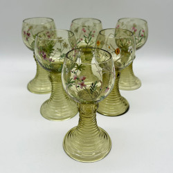 Fritz Heckert Set of Six Hock Glasses Beautifully Enameled with Flowers and Insects