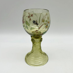 Fritz Heckert Set of Six Hock Glasses Beautifully Enameled with Flowers and Insects
