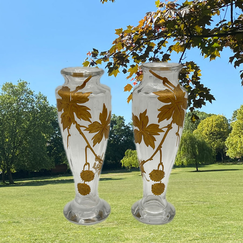A Pair Old Baccarat Glass Vases, Decorated with Horse Chestnut