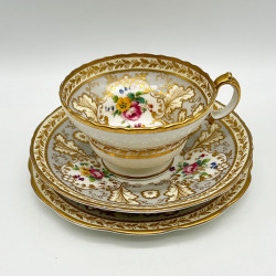 Cauldon China Trio, Decorated with hand Painted Flowers and Gold Leaves