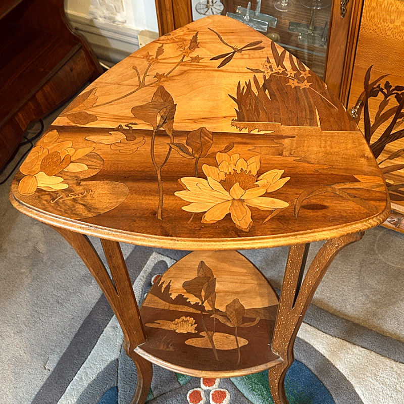 Art Nouveau Marquetry Occasional Table, a Pond Scene with a Water lily and a Dragonfly  by Paul Guth