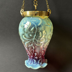 Arts and Crafts Vaseline and Cranberry Glass Ceiling Lamp with Beautiful Pattern