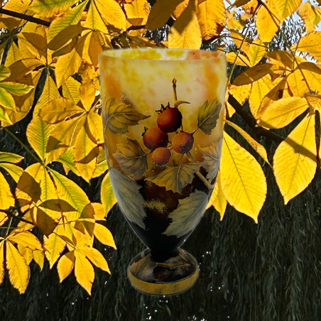 Daum Freres Glass Vase, Acid Etched Overlaid, Enamelled, and Vitrified with Gooseberries