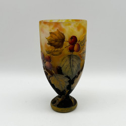 Daum Freres Glass Vase, Acid Etched Overlaid, Enamelled, and Vitrified with Gooseberries