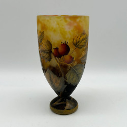 Daum Freres Glass Vase, Acid Etched Overlaid, Enamelled, and Vitrified with Gooseberries