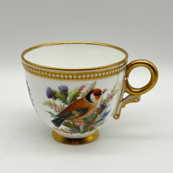 Royal Worcester Porcelain Cup & Saucer, Hand Painted with Bouquet and Bird, Decorated with Bijoux