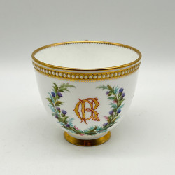 Royal Worcester Porcelain Cup & Saucer, Hand Painted with Bouquet and Bird, Decorated with Bijoux