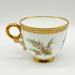 Royal Worcester Porcelain Cup & Saucer, Hand Painted with Bouquet and Bird, Decorated with Bijoux