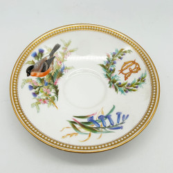 Royal Worcester Porcelain Cup & Saucer, Hand Painted with Bouquet and Bird, Decorated with Bijoux