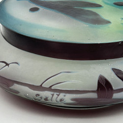 Emile Galle Cameo Glass Box and Cover, Designed Pond Scene and Dragonfly