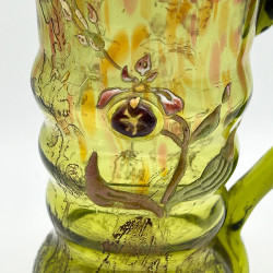 Emile Galle Mottled Glass Jug, Acid Etched, Enamelled and Applied Orchid