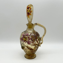 Emile Galle Smoky Green  Glass Decanter and Stopper Enamelled and Applied with Dahlia