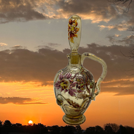 Emile Galle Smoky Green  Glass Decanter and Stopper Enamelled and Applied with Dahlia