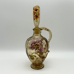 Emile Galle Smoky Green  Glass Decanter and Stopper Enamelled and Applied with Dahlia