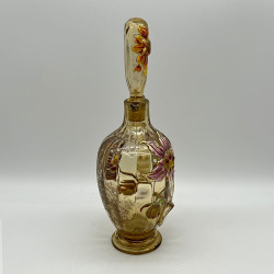 Emile Galle Smoky Green  Glass Decanter and Stopper Enamelled and Applied with Dahlia