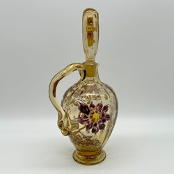 Emile Galle Smoky Green  Glass Decanter and Stopper Enamelled and Applied with Dahlia