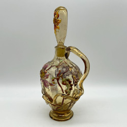 Emile Galle Smoky Green  Glass Decanter and Stopper Enamelled and Applied with Dahlia