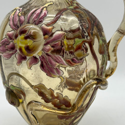 Emile Galle Smoky Green  Glass Decanter and Stopper Enamelled and Applied with Dahlia