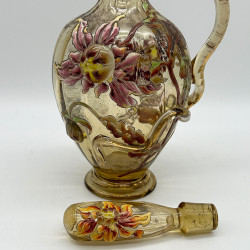 Emile Galle Smoky Green  Glass Decanter and Stopper Enamelled and Applied with Dahlia
