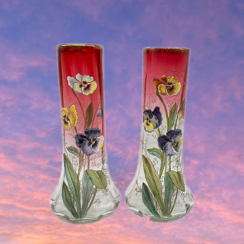 Legras Mont Joye a Pair Enamelled Glass Vases Decorated With Pansies