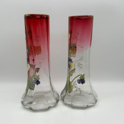 Legras Mont Joye a Pair Enamelled Glass Vases Decorated With Pansies