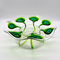 Art Nouveau Stuart & Sons Green Peacock Eye & Trailed Glass Bowl