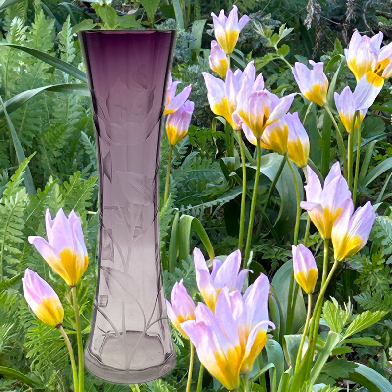 Moser Karlsbad Glass Vase Hand Cut Engraving with Tulips