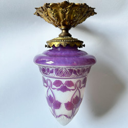 Saint Louis Cameo Glass Ceiling Lamp, White Ground Acid Etched Overlaid with Plant Pattern