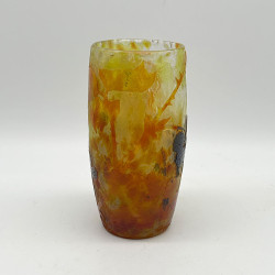 Daum Freres Vase, Mottled Ground and Cameo Glass Verified with Black Berries