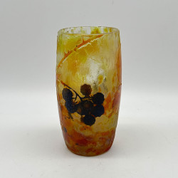 Daum Freres Vase, Mottled Ground and Cameo Glass Verified with Black Berries