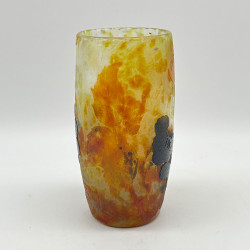 Daum Freres Vase, Mottled Ground and Cameo Glass Verified with Black Berries