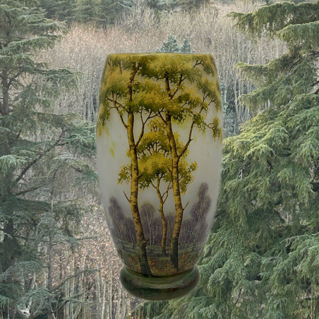 Daum Freres Landscape Glass Vase, Cameo, Enamelled and Vitrified with Trees