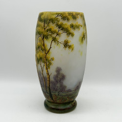 Daum Freres Landscape Glass Vase, Cameo, Enamelled and Vitrified with Trees