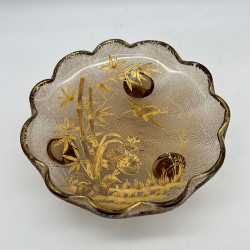 French Art Nouveau Legras Mont Joys  Japanism Glass Dish with Three Foot Decorated Bamboo and a Bird