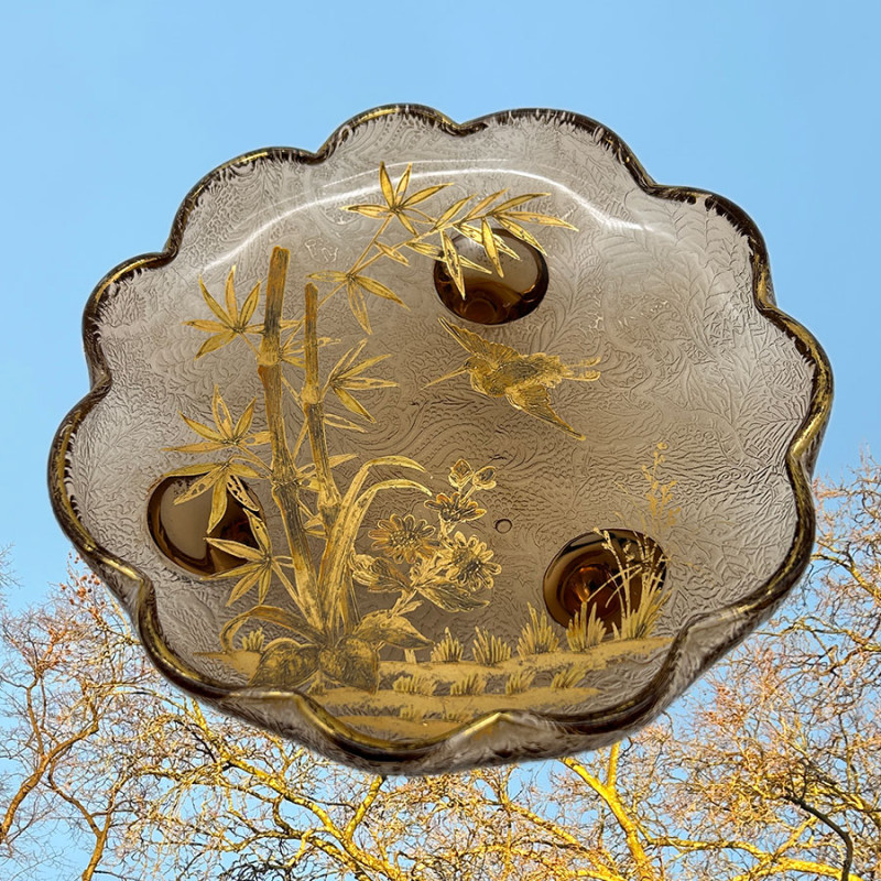 French Art Nouveau Legras Mont Joys Japanism Glass Dish with Three Foot Decorated Bamboo and a Bird